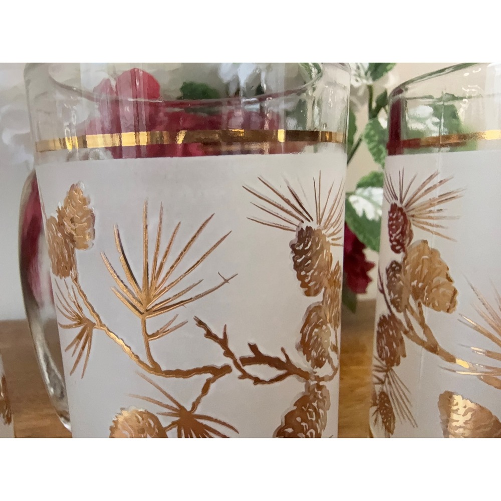 Vintage Libbey Pine Cone Frosted Gold Leaf Beer Mugs MCM Holiday‎ Barware Retro - Picture 4 of 5